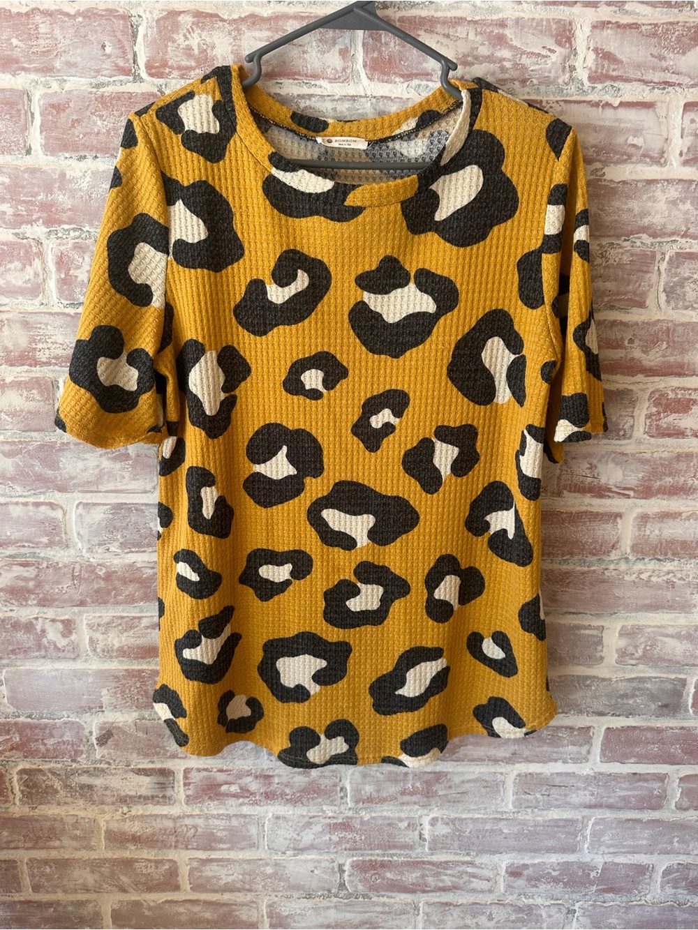 Leopard Print Mustard Short Sleeve Top - Women’s waffle knit